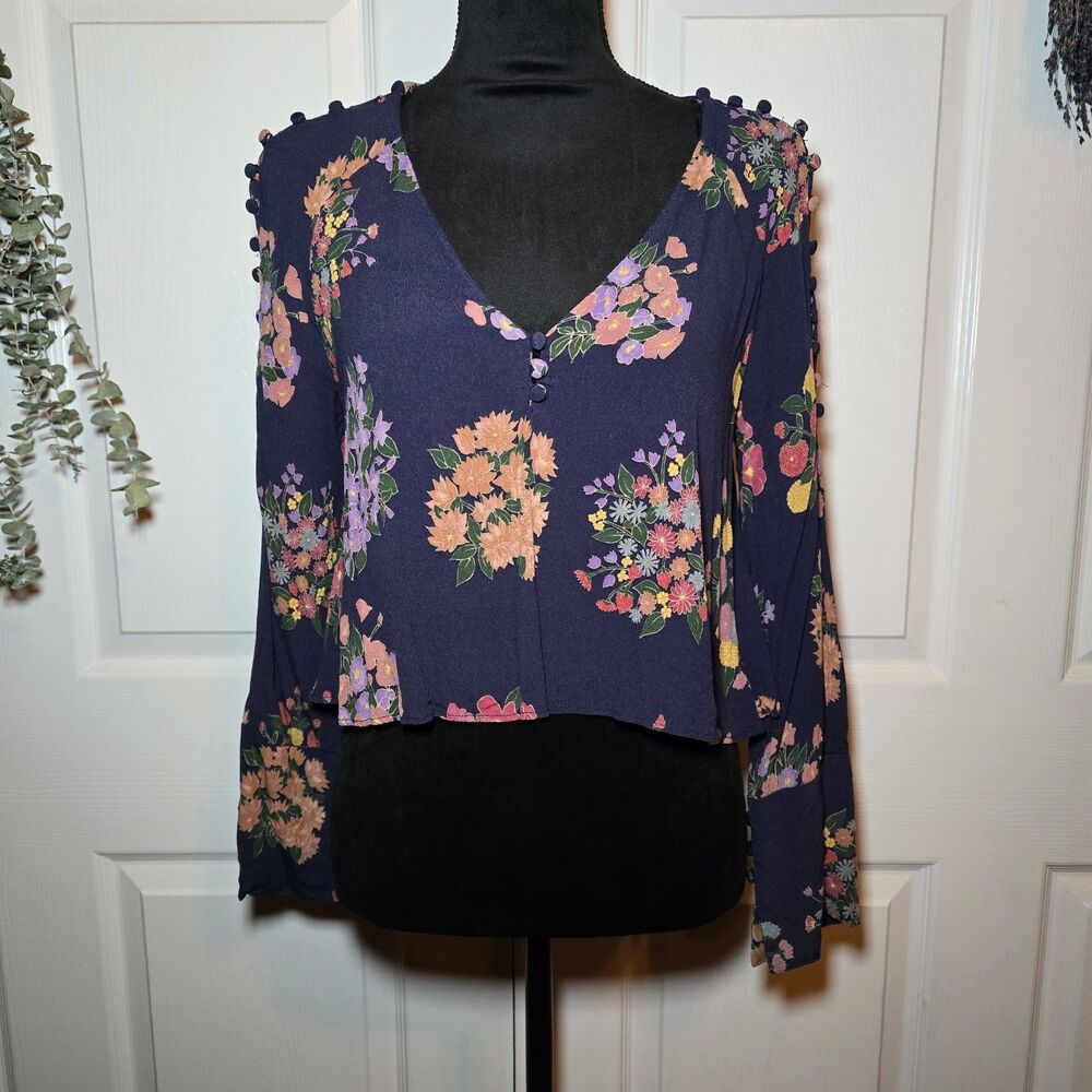 Zara Navy Floral Blouse Crop Bell Sleeves Pom-pom Button Trim Large